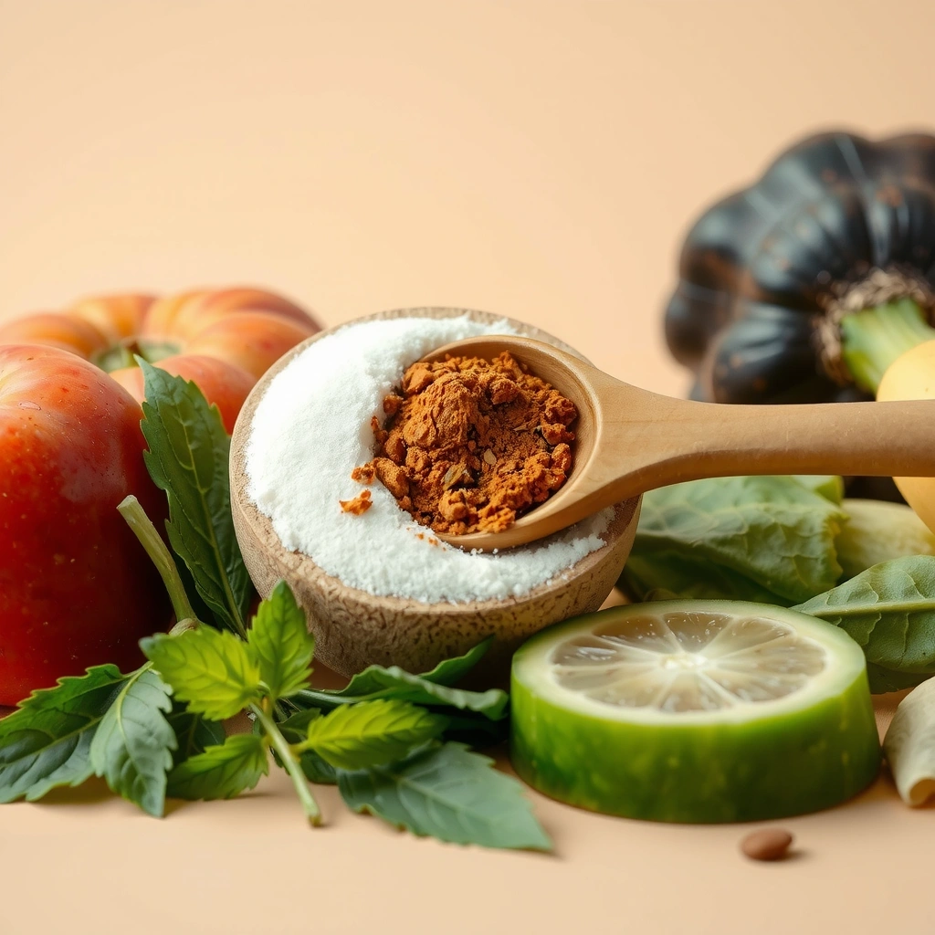 Fibra dietética en una cuchara con frutas y verduras