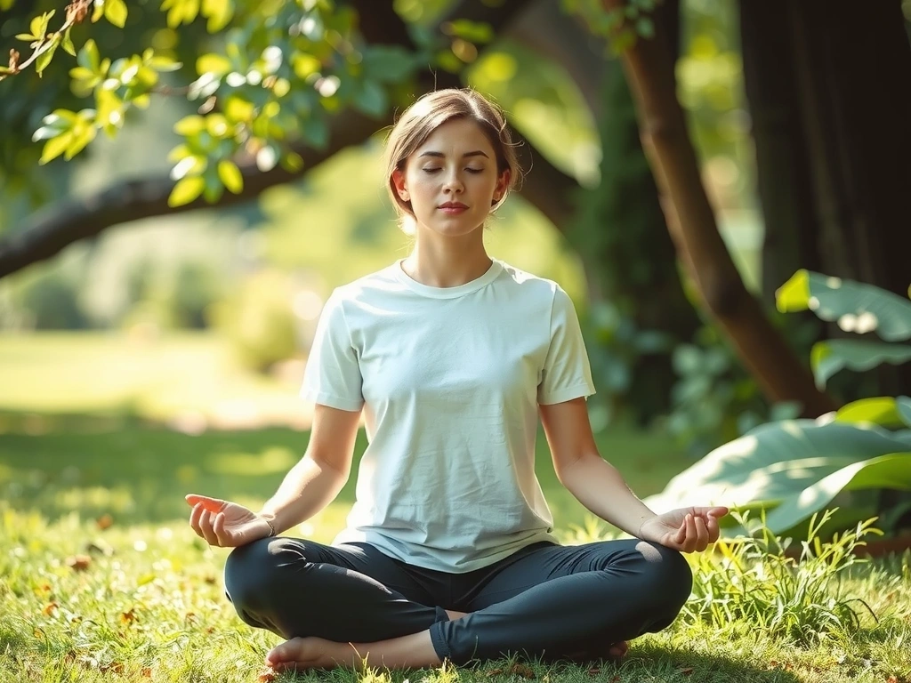 Mujer joven y serena meditando en un entorno natural, simbolizando la paz y el bienestar que aportan los extractos botánicos.