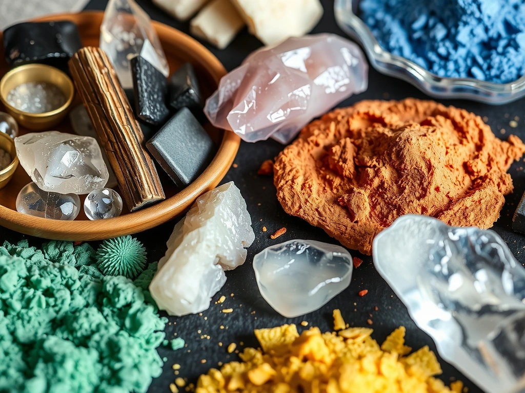 Variedad de minerales y oligoelementos en forma de polvos y cristales, con un enfoque científico y natural.